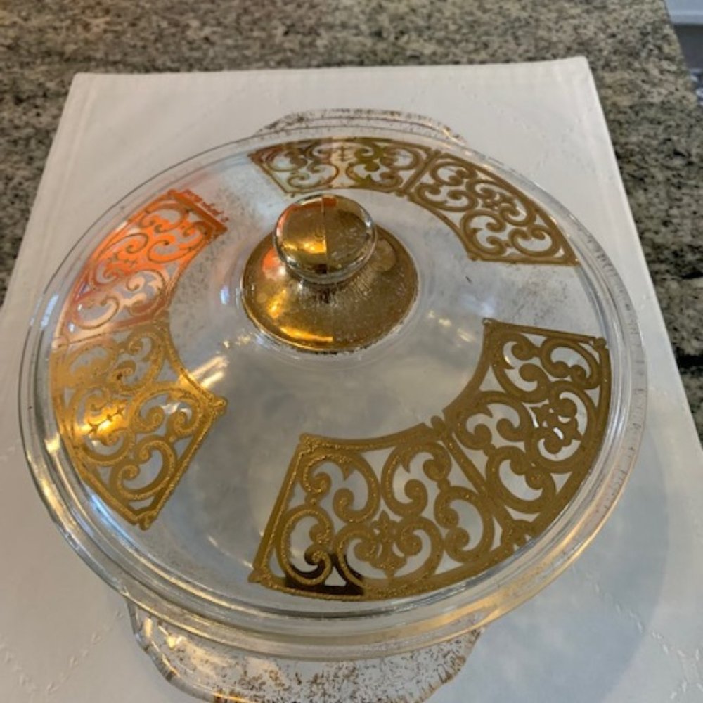 22k Spanish Gold Signed Georges Briard Fire King Covered Casserole